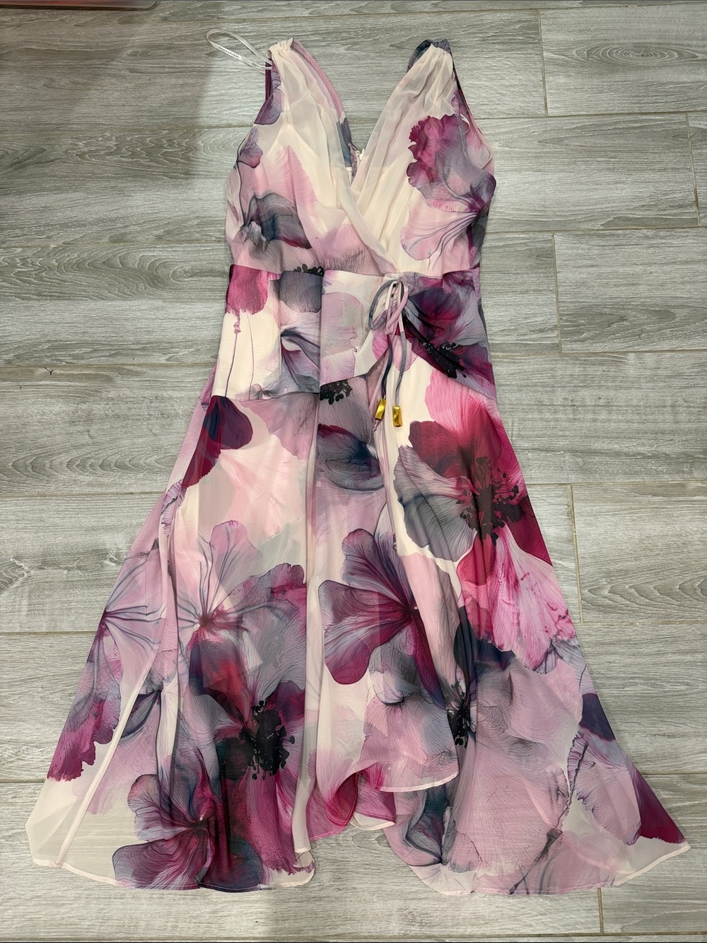 Donna Karan Floral V-Neck Sleeveless Chiffon Dress in Pink and Purple size 14